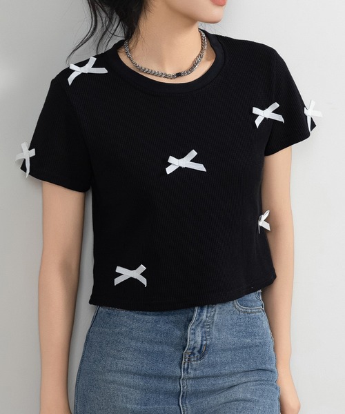 DAY CLOSET（デイ クローゼット）の「レディース 半袖リボンワッフルクロップドTシャツ（Tシャツ/カットソー・レディース・アイボリー/ブラック/ブルー/グレー・FREE）」の9枚目の写真
