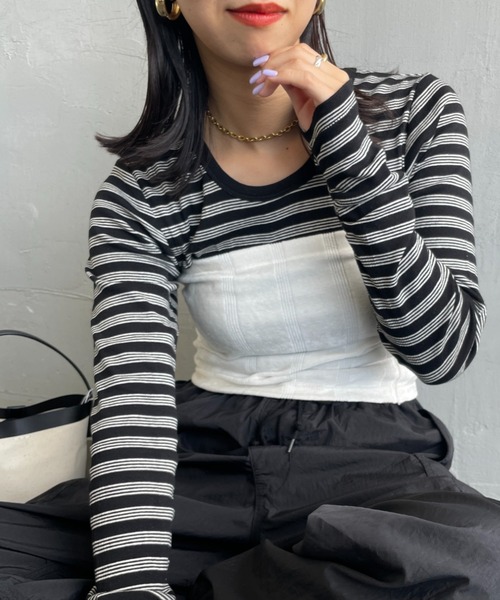 MILLER（ミラー）の「[MILLER/ミラー] 別注 ベロアビスチェ付き ロングスリーブリブTシャツ（Tシャツ/カットソー・レディース・アイボリー/ブラック/オフホワイト/ブラウン/ブラック系・F）」の4枚目の写真