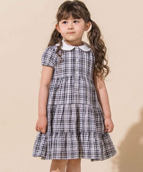 【セール】【お揃い】チェックレースプリント丸襟ティアードワンピース(90~150cm)（シャツワンピース）｜BeBe（ベベ）