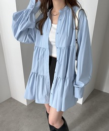 チュニック ブラウス 長袖」に該当するブルー・ネイビー/青色系の  