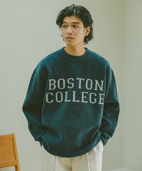Jacquard logo crew neck lettered sweater/モール/ジャガード