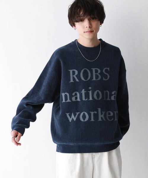 Jacquard logo crew neck lettered sweater/モール/ジャガード