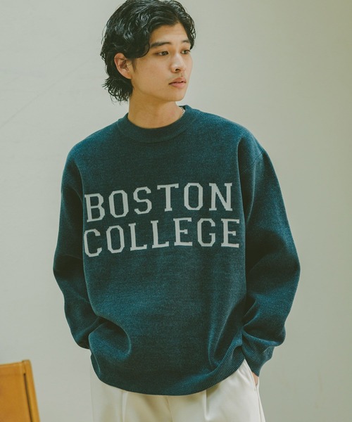 Jacquard logo crew neck lettered sweater/モール/ジャガード