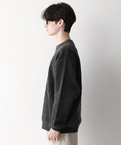 Jacquard logo crew neck lettered sweater/モール/ジャガード