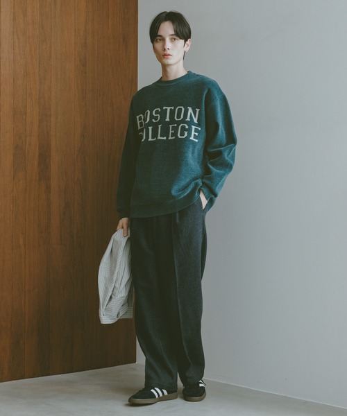 Jacquard logo crew neck lettered sweater/モール/ジャガード