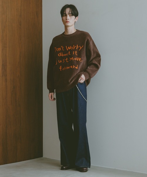 Jacquard logo crew neck lettered sweater/モール/ジャガード