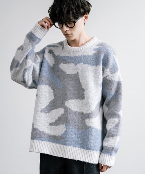 セール】起毛 カモフラ柄オーバーサイズクルーニットセーター（ニット