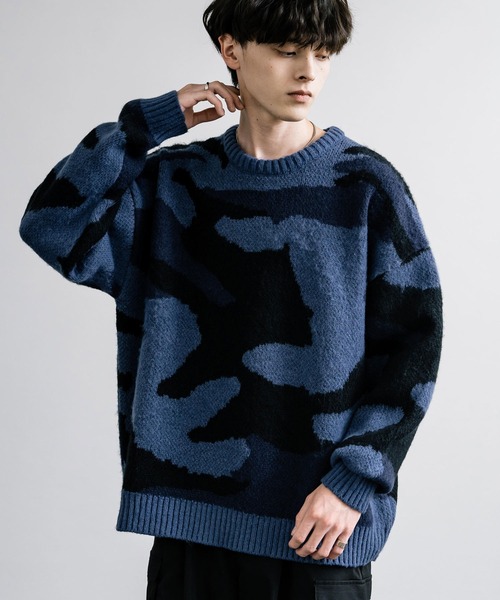 起毛 カモフラ柄オーバーサイズクルーニットセーター（ニット/セーター
