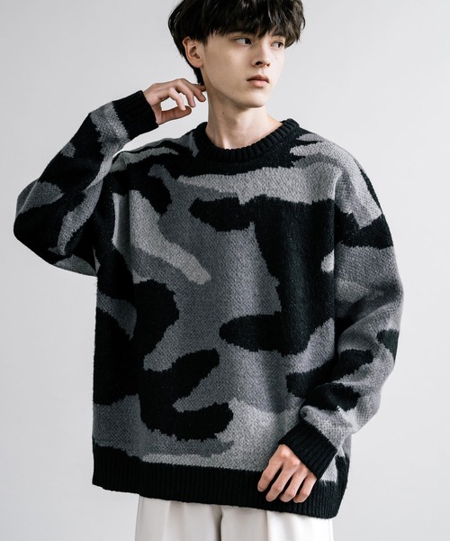 起毛 カモフラ柄オーバーサイズクルーニットセーター（ニット/セーター