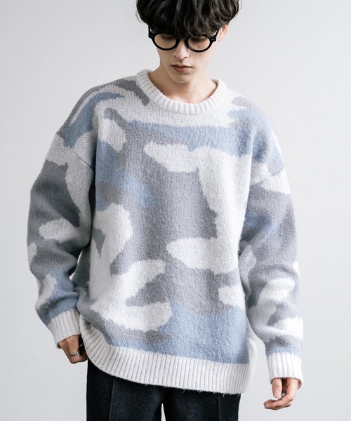 【セール】起毛 カモフラ柄オーバーサイズクルーニットセーター（ニット/セーター）｜Rocky Monroe（ロッキーモンロー）