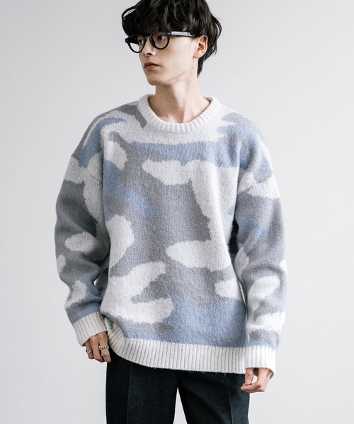 セール】起毛 カモフラ柄オーバーサイズクルーニットセーター（ニット