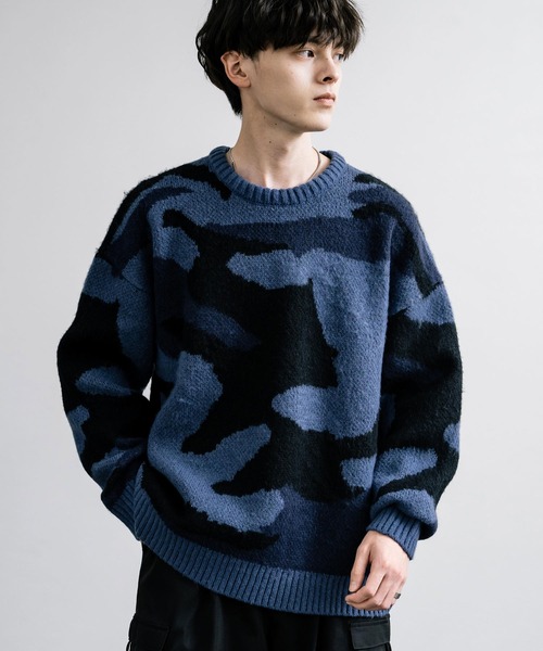 美品サイズ2 G/FORE 秋冬/織柄カモフラ/クルーネック/ニットセーター 起毛 カモフラ柄オーバーサイズクルーニットセーター（ニット/セーター