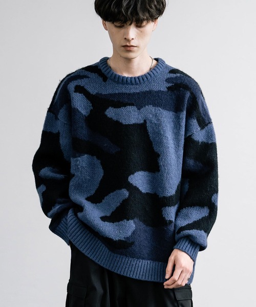 【セール】起毛 カモフラ柄オーバーサイズクルーニットセーター（ニット/セーター）｜Rocky Monroe（ロッキーモンロー）