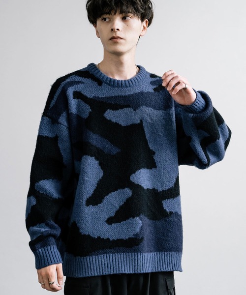 【セール】起毛 カモフラ柄オーバーサイズクルーニットセーター（ニット/セーター）｜Rocky Monroe（ロッキーモンロー）