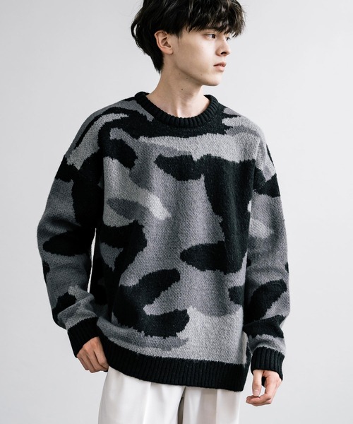 起毛 カモフラ柄オーバーサイズクルーニットセーター（ニット/セーター