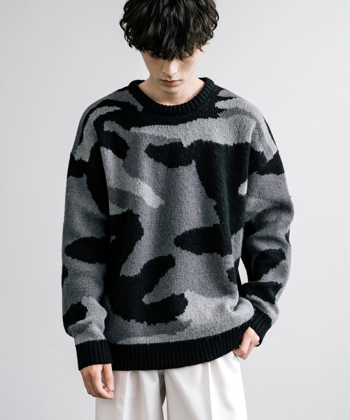 セール】起毛 カモフラ柄オーバーサイズクルーニットセーター（ニット