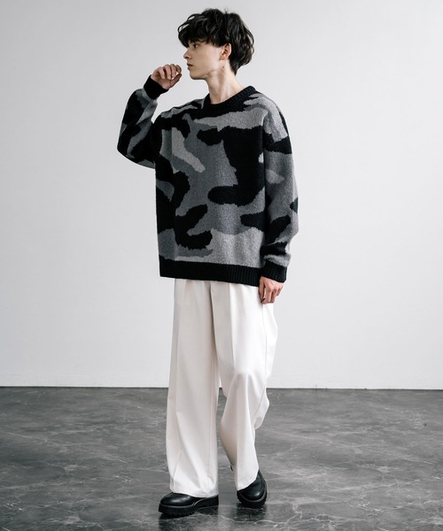【セール】起毛 カモフラ柄オーバーサイズクルーニットセーター（ニット/セーター）｜Rocky Monroe（ロッキーモンロー）