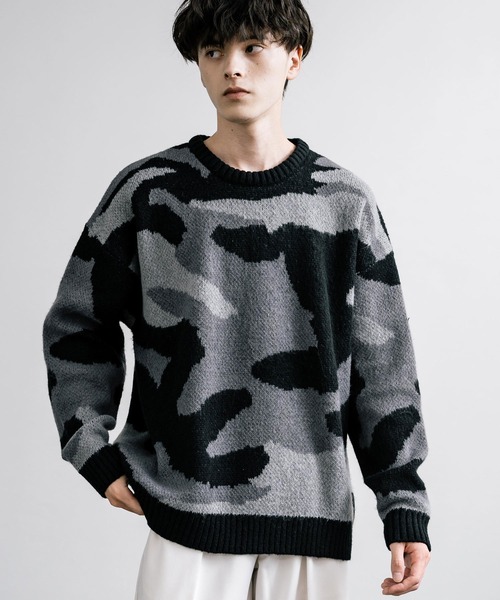 【セール】起毛 カモフラ柄オーバーサイズクルーニットセーター（ニット/セーター）｜Rocky Monroe（ロッキーモンロー）