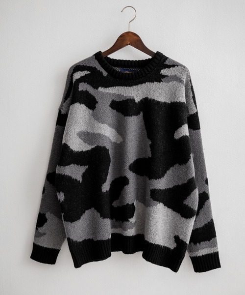 【セール】起毛 カモフラ柄オーバーサイズクルーニットセーター（ニット/セーター）｜Rocky Monroe（ロッキーモンロー）