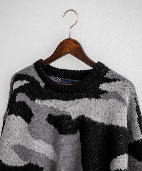 【セール】起毛 カモフラ柄オーバーサイズクルーニットセーター（ニット/セーター）｜Rocky Monroe（ロッキーモンロー）