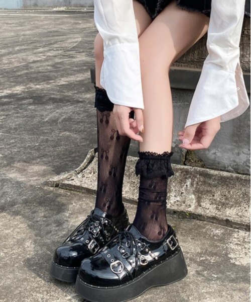 Cherry Stamp　クルー丈ソックス　靴下　2点セット セール】【urge select】チェリー柄 レース クルー丈ソックス