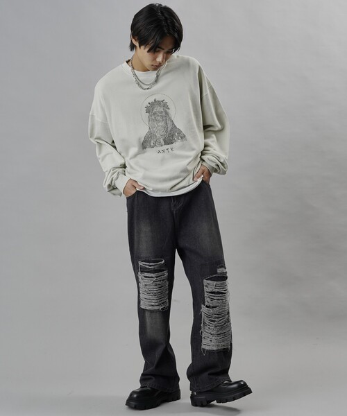 PUBLUX(パブリュクス)の「Bohemian Chop/ボヘミアンチョップ ダメージストレートデニムパンツ(限定展開)(デニムパンツ・メンズ・ブラック・LARGE/SMALL/MEDIUM)」の10枚目の写真