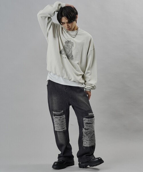 PUBLUX(パブリュクス)の「Bohemian Chop/ボヘミアンチョップ ダメージストレートデニムパンツ(限定展開)(デニムパンツ・メンズ・ブラック・LARGE/SMALL/MEDIUM)」の11枚目の写真
