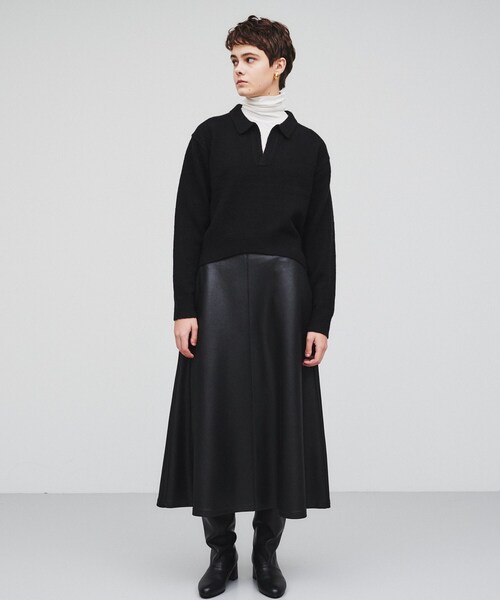 cloenc（クロエンス）の「◆【手洗い可】レザーライクフレアスカート（スカート・レディース・ブラック/アイボリー・02/01）」の2枚目の写真