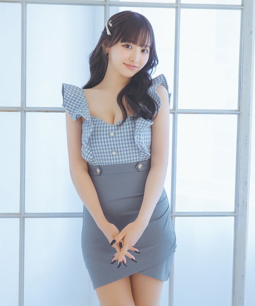 キャバドレス キャミソールフリル袖ギンガムチェック柄切り替えラップタイトミニドレス (Sサイズ～XLサイズ)（ドレス）｜Tika（ティカ） 7,590円