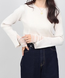 クルーネック リブニット チュールレイヤードトップス