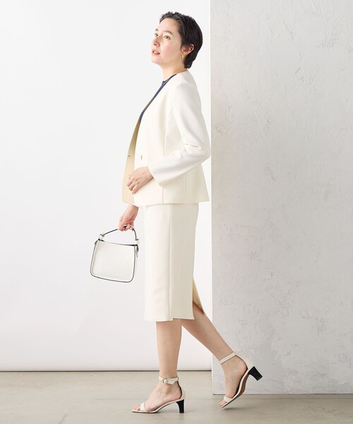 NOLLEY'S sophi ノーカラージャケット ホワイト セール】ウォッシャブルギマメッシュパイピングジャケット（ノー