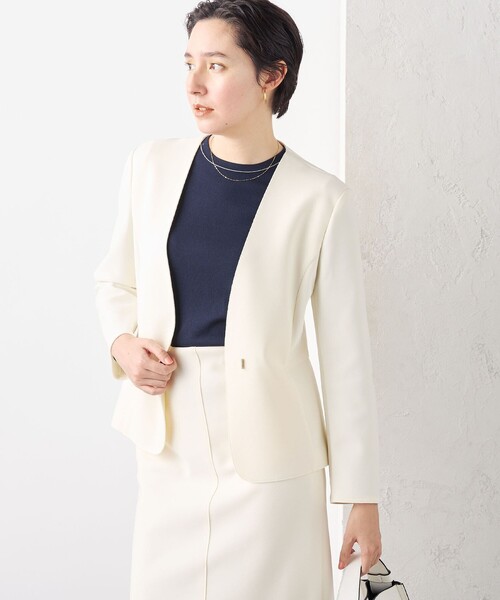 NOLLEY'S sophi ノーカラージャケット ホワイト セットアップ対応》ウォッシャブルボンディングジョーゼットノー