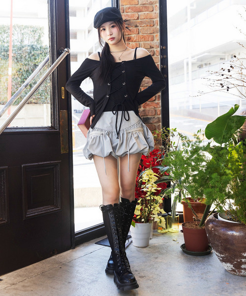 SPIRALGIRL（スパイラルガール）の「オフショルレースアップアンサンブルトップス（Tシャツ/カットソー・レディース・ブラウン/グリーン/ブラック・FREE）」の8枚目の写真