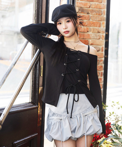 SPIRALGIRL（スパイラルガール）の「オフショルレースアップアンサンブルトップス（Tシャツ/カットソー・レディース・ブラウン/グリーン/ブラック・FREE）」の10枚目の写真