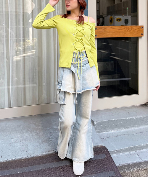 SPIRALGIRL（スパイラルガール）の「オフショルレースアップアンサンブルトップス（Tシャツ/カットソー・レディース・ブラウン/グリーン/ブラック・FREE）」の14枚目の写真