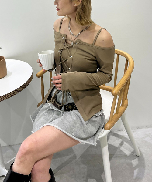 SPIRALGIRL（スパイラルガール）の「オフショルレースアップアンサンブルトップス（Tシャツ/カットソー・レディース・ブラウン/グリーン/ブラック・FREE）」の17枚目の写真