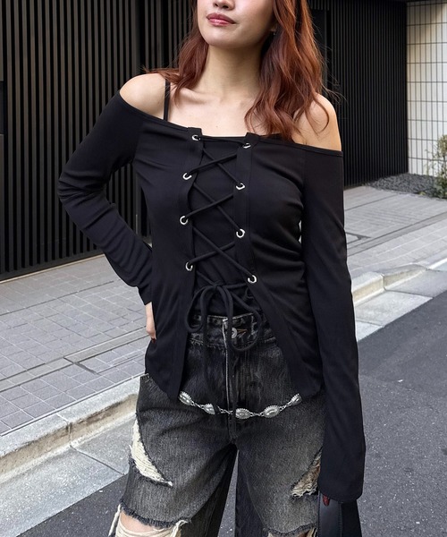 オフショルレースアップアンサンブルトップス SPIRALGIRL
