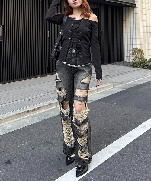 スパイラルガール SPIRALGIRL オフショルレースアップアンサンブルトップス （ブラウン） オフショルレースアップアンサンブルトップス SPIRALGIRL