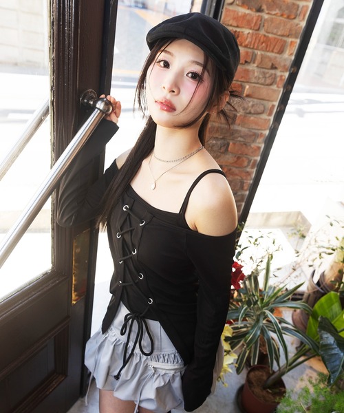 スパイラルガール SPIRALGIRL オフショルレースアップアンサンブルトップス （ブラウン） オフショルレースアップアンサンブルトップス SPIRALGIRL