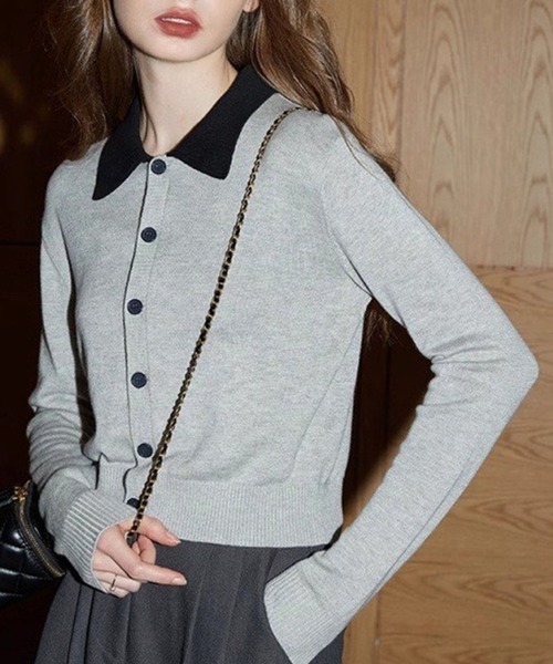 ルネ♡バイカラーカーディガン バイカラーポロ襟ニットカーディガン（ニット/セーター）｜leune（ルネ