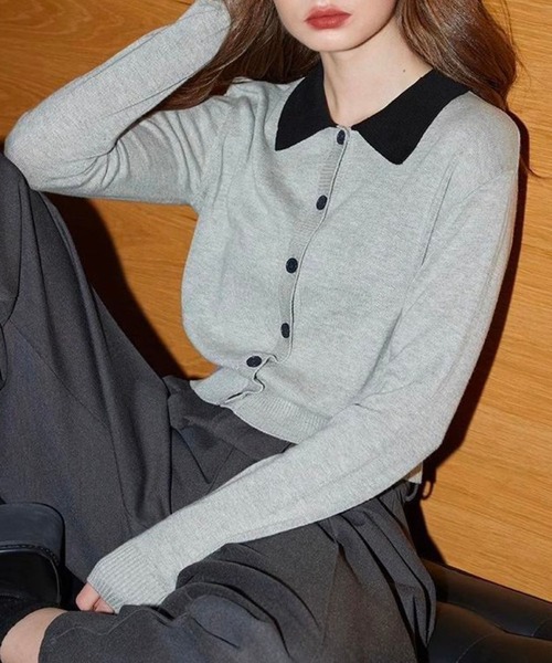 バイカラーポロ襟ニットカーディガン（ニット/セーター）｜leune（ルネ