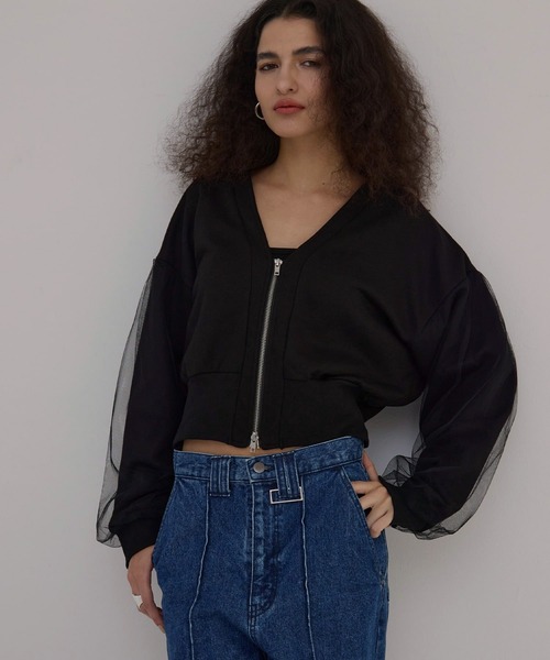 MIELI INVARIANT（ミエリインヴァリアント）の「Sweat Layer Zip Cardigan（カーディガン/ボレロ・レディース・ベージュ系その他/ブラック・FREE）」の2枚目の写真