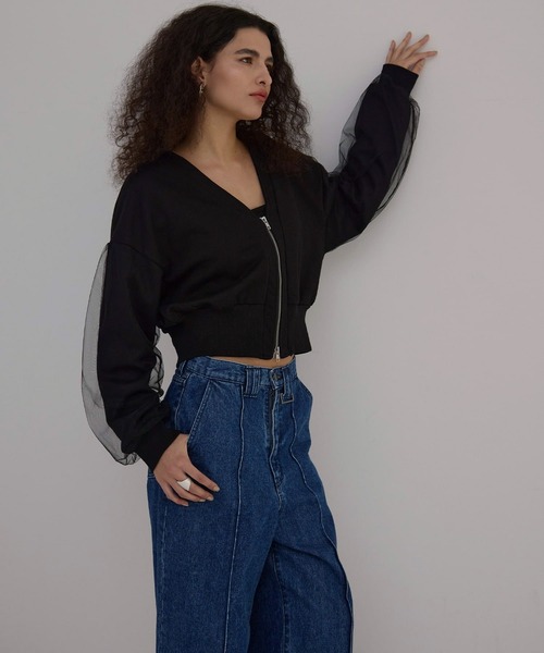 MIELI INVARIANT（ミエリインヴァリアント）の「Sweat Layer Zip Cardigan（カーディガン/ボレロ・レディース・ベージュ系その他/ブラック・FREE）」の3枚目の写真