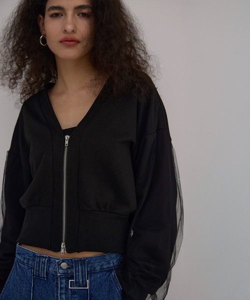 MIELI INVARIANT（ミエリインヴァリアント）の「Sweat Layer Zip Cardigan（カーディガン/ボレロ・レディース・ベージュ系その他/ブラック・FREE）」の4枚目の写真