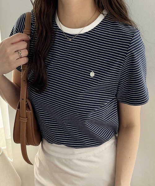 nelliy.（ネルリー）の「プレート付ボーダー配色リンガーＴシャツ（Tシャツ/カットソー・レディース・ネイビー/ベージュ/ブラック・LARGE/MEDIUM）」の13枚目の写真