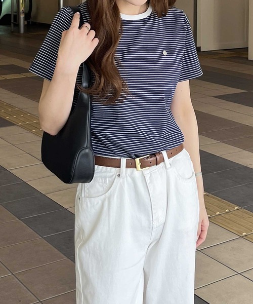 nelliy.（ネルリー）の「プレート付ボーダー配色リンガーＴシャツ（Tシャツ/カットソー・レディース・ネイビー/ベージュ/ブラック・LARGE/MEDIUM）」の16枚目の写真