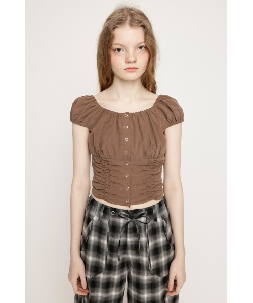 セール】FRONT BUTTON GATHER TIE TOPS フロントボタン ギャザー