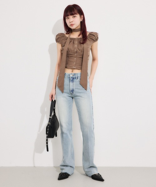 FRONT BUTTON GATHER TIE TOPS フロントボタン ギャザー タイ