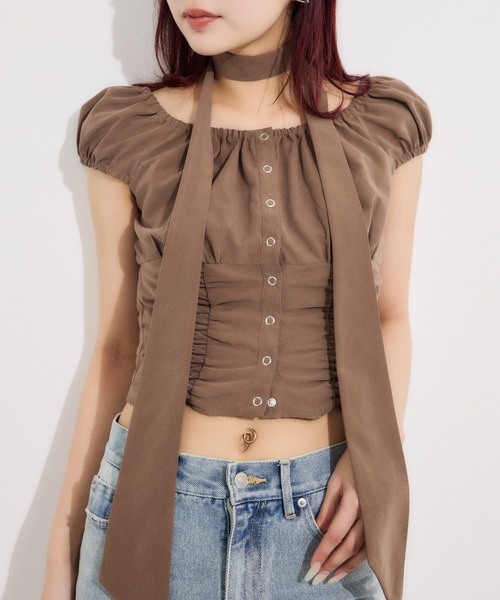 SLY FRONT BUTTON GATHER TIE トップス　新品未使用 セール】FRONT BUTTON GATHER TIE TOPS フロントボタン ギャザー