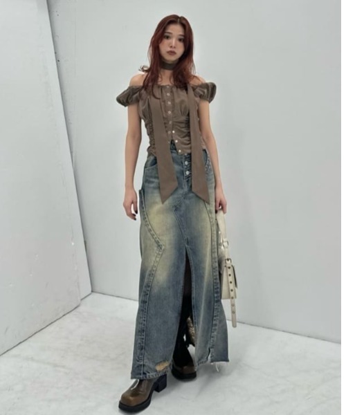 セール】FRONT BUTTON GATHER TIE TOPS フロントボタン ギャザー